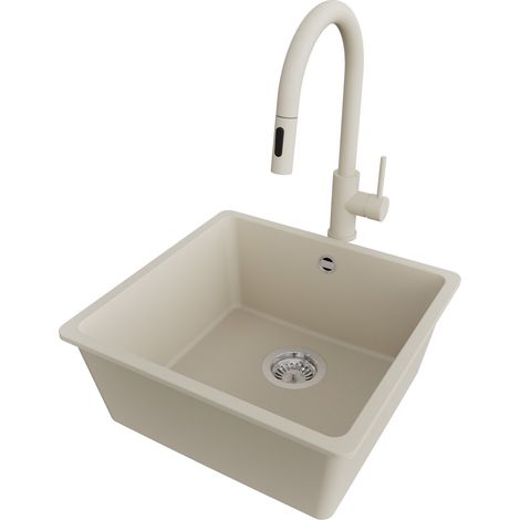 PRIMAGRAN Evier Sous Plan 46x44cm,Evier en Granit 1 bac + Robinet 40x20cm + Kit de Vidage, Évier au meuble 50cm - Venise Easy, Beige (1/5)