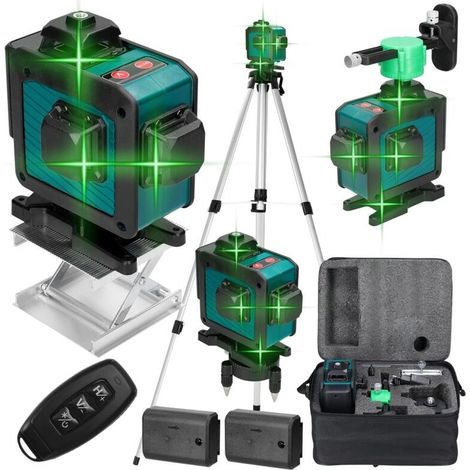 Niveau laser autonivelant 360° x 4 – 16 lignes laser vertes 520 nm – Autonivellement et mode pulsé extérieur – 2 batteries rechargeables 2400 mAh – Support rotatif (1/5)