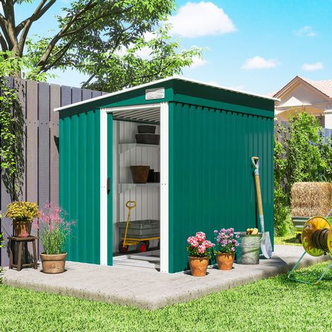 Abri de jardin métallique de 1,5 x 2 m avec base. Porte coulissante et toit en pente. Vert.