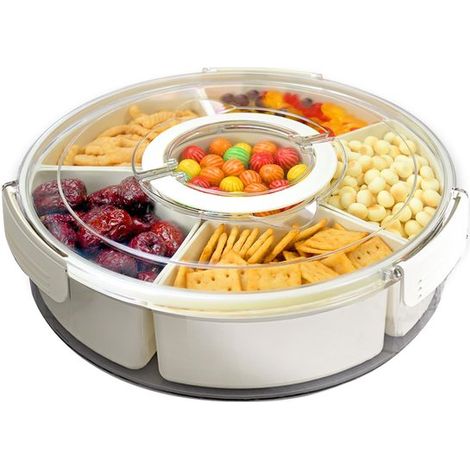 Bol para frutas y verduras, Bol redondo para aperitivos, Bol dividido con tapa y asa, fiestas, viajes y picnics, 6 compartimentos (1/5)