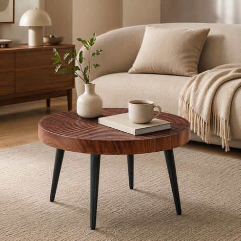 Tavolino da salotto rotondo Ø 60 cm, piano effetto legno scuro, gambe in metallo nero DESVIAE (1/5)