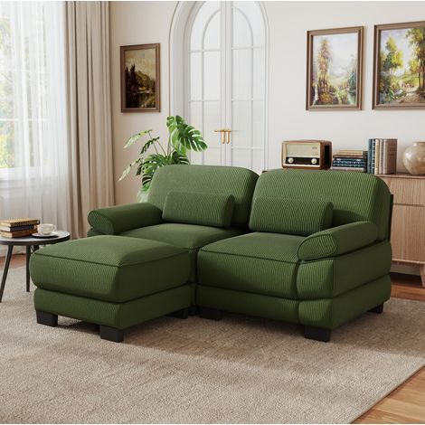 MODFU – Sofá modular de 2 plazas 194x161x94 cm de pana con puff, cojín lumbar, espuma HD y carga 380 kg – Verde (1/5)