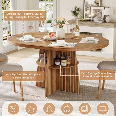 Table extensible ronde 110-150x110x77,5 cm, table de cuisine pour 2-8 personnes, gain de place avec plateau rallonge et rangement intégré, bois aspect noyer. (1/5)