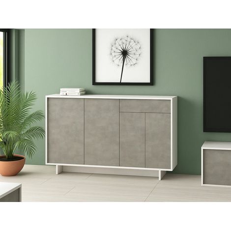 Dmora - Aparador Aneto, Aparador de salón, Buffet de salón con 3 puertas y 1 cajón, 100% Made in Italy, 134x35h87 cm, Blanco y Cemento, con embalaje reforzado (1/5)