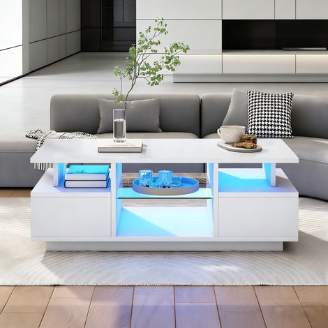 Table basse 100x50x36cm avec 2 tiroirs, table d'appoint LED brillante, meuble à café avec rangement ouvert, séparateur en verre, table à thé, table de salon, blanche (1/5)