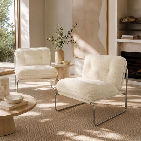 Lot de 2 fauteuils en tissu chenille écru et métal chromé (1/5)