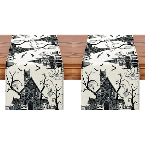 Camino de mesa de Halloween con casa encantada, árbol y fantasma, blanco y negro, decoración de mesa para la cocina, 33 x 183 cm (2 piezas) (1/5)