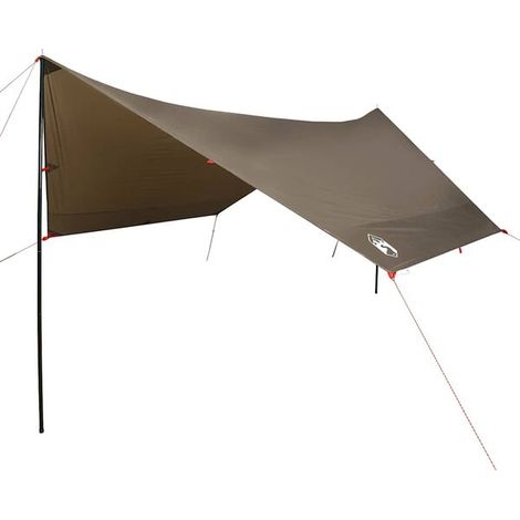 Bâche de camping marron, dimensions : 438 x 376 x 212 cm, imperméable.
