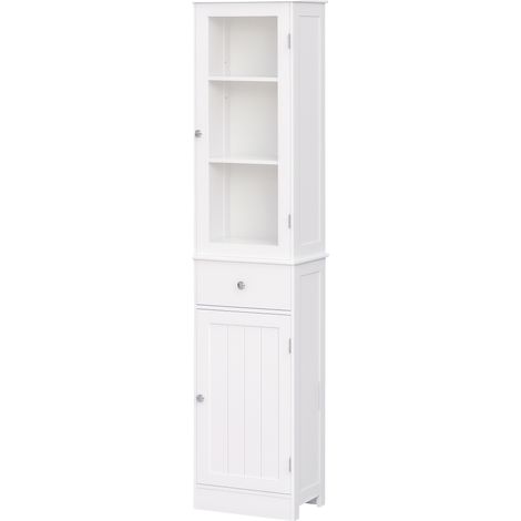 Armoire de salle de bain haute fine 40x27x171,5 cm blanc avec étagères réglables et tiroir pour petits espaces moderne (1/5)