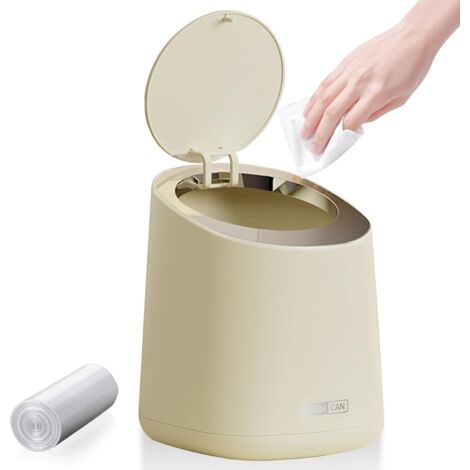 Poubelle de Table Avec Couvercle à Bouton-Poussoir, 2L Mini Poubelle Salle de Bain, Poubelle de Bureau Poubelle Salle Bain pour Salon, Bureau, Couleur Crème (13×14.7×17cm)