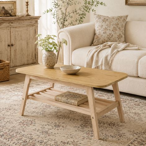 Grande table basse en bois massif avec piètement de 100 cm, offrant un rangement spacieux, parfaite pour salon, appartement et bureau. (1/5)