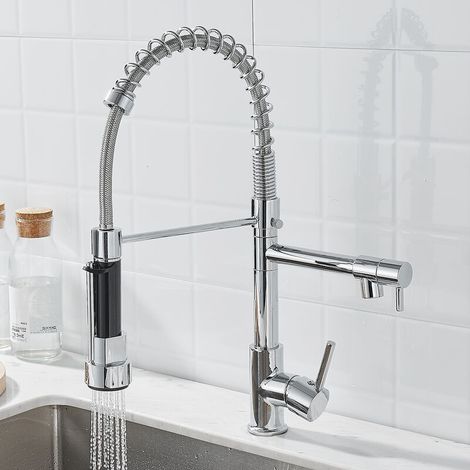 Kitchen Faucet, Spring Faucet Kitchen Mixer Tap, 360° Swivel, Cold & Hot Available, Chromed Brass