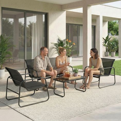 4-teiliges Gartenmöbelset mit Sofa, Sesseln und Couchtisch, dunkelgrau und schwarz
