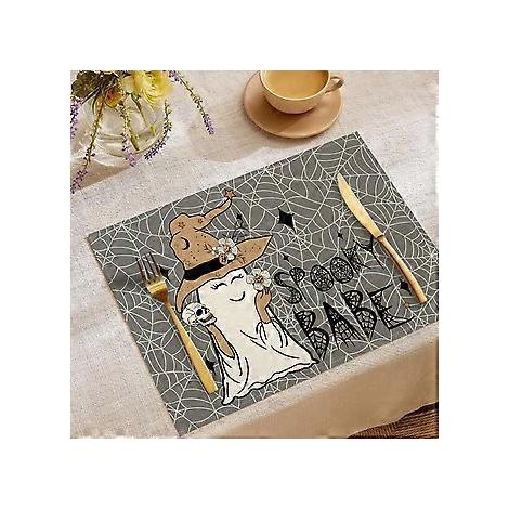 Halloween-Tischsets aus Leinen, Serie „Süßes oder Saures“, Kombinations-Tischsets, Restaurant-Festtagsdekoration, Geschirr-Isolierunterlagen (YMCD-44)