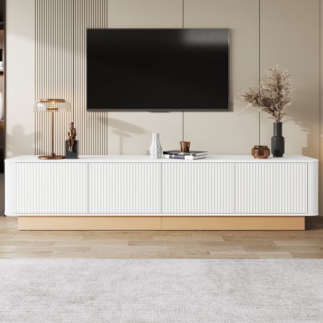 Meuble TV de 200 cm, modèle à quatre portes, grand espace de rangement, fabriqué en panneaux de fibres de moyenne densité. (1/5)