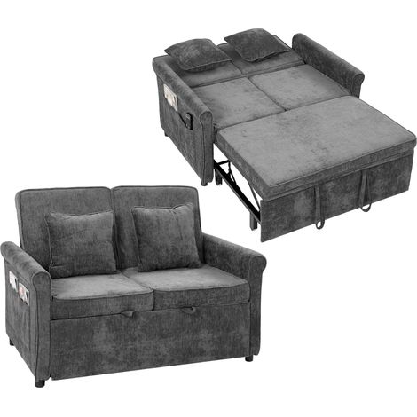 HOMCOM sofá cama 2 plazas 3 en 1 de chenilla con respaldo ajustable 5 niveles, bolsillos laterales, 2 almohadas con cojines para salón, gris (1/5)