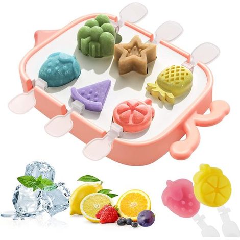 Stampo per ghiaccioli con coperchio, permette di preparare 6 ghiaccioli alla volta, in silicone, senza BPA, riutilizzabile, con simpatici motivi di frutta rosa. (1/5)