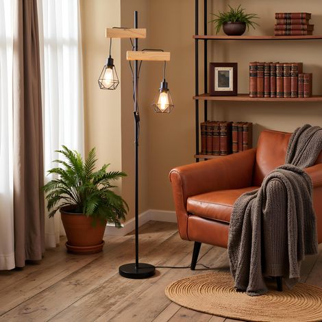 Lampadaire Industriel Design sur Pied, Style Vintage avec 2 Luminaires Géométriques, Support en Bois Naturel et Métal Noir, Éclairage Indépendant pour Salon (1/5)