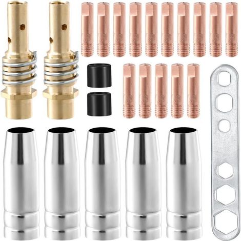 Kit de 25 pièces d'usure pour poste à souder à gaz inerte, accessoires de torche de soudage adaptés pour AK-15/MB-15, 5 x buses à gaz, 15 x buses de contact M6 0,8 mm, 2 x tiges de buse, 2 x isolateur (1/5)