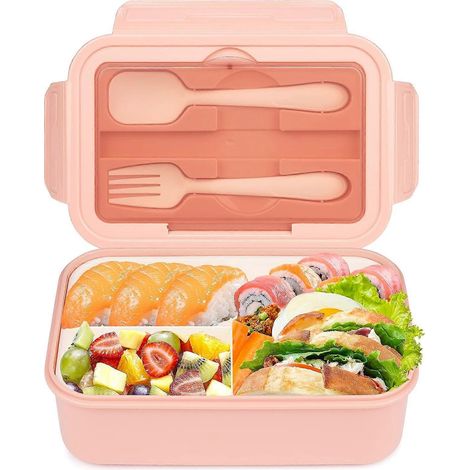 Lunch Box with 3 Compartments, 1400ML Leak-Proof Sandwich Box Microwave Safe Built in Cutlery Set Spoon & Fork, Pink (1/5)