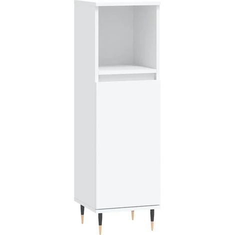 Armoire de salle de bain blanche avec 2 compartiments rangement pratique 30 x 30 x 100 cm en bois d'ingénierie blanc (1/5)