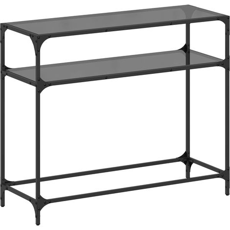 Table console，Table d'appoint，Bout de canapé，Meuble d'entrée avec dessus en verre noir 98x35x81 cm acier