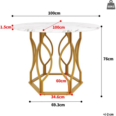 Table ronde 100x100x76 cm, table à manger en MDF marbre blanc, pieds métal doré, table d'appoint pour 4 couverts, parfaite pour cuisine ou séjour, design moderne. (1/5)