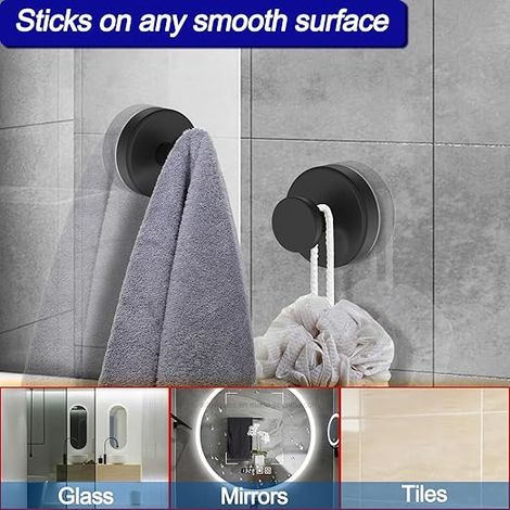 Lot de 2 crochets à ventouses pour douche, amovibles, pour serviettes, peignoirs, rideaux, fenêtres, portes et murs de salle de bain, noirs. (1/5)