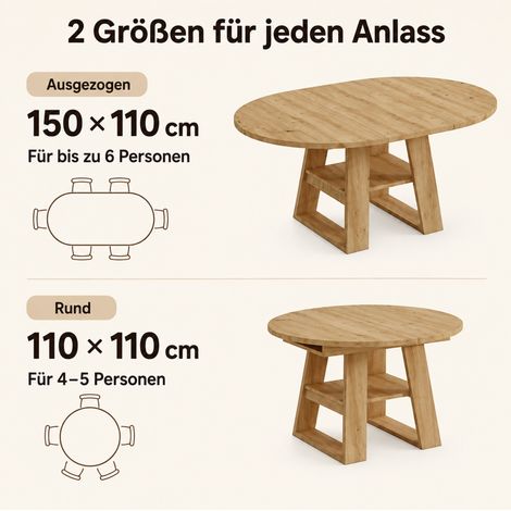 Table à manger extensible ronde 110 à 150 x 110 cm, 4 à 6 places, rangement intégré et tablette sous plateau, en MDF bois clair – CHICFURN pour salle à manger (1/5)