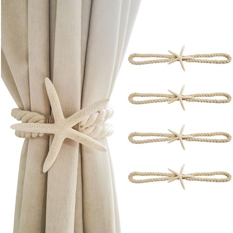 4 fermatende a forma di stella marina naturale, decorazione per hotel e camera da letto (stella marina bianca a dita), fermatende in corda intrecciata fatti a mano (1/4)