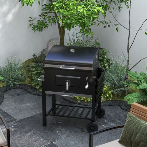 Fumoir-barbecue à charbon de bois, 1 étagère, 1 porte-serviettes, 2 grilles de cuisson, 113 cm x 65 cm x 108 cm, noir