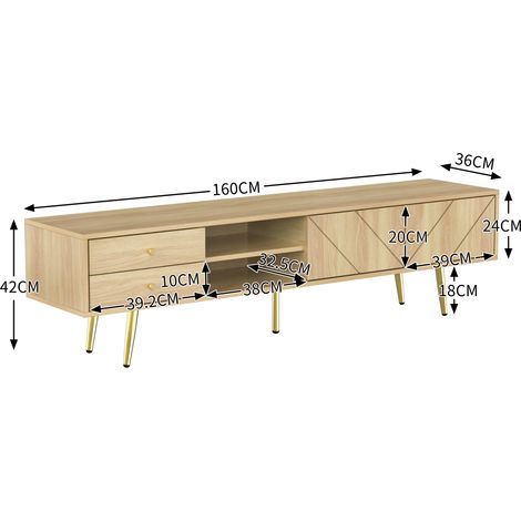 Meuble TV 160 cm pieds dorés, 2 tiroirs, portes design uniques, meuble bas salon moderne, rangement élégant, finition premium (1/5)