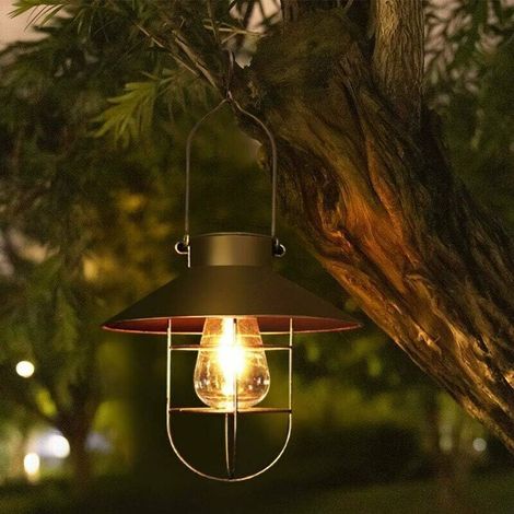 Lanterne solaire à suspendre avec crochet, lampe solaire LED vintage avec blanc chaud, cage en acier, étanche, pour jardin, cour, patio, clôture, décoration – Bronze