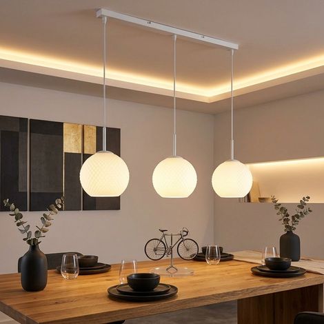 LED Pendelleuchte Hängeleuchte Höhenverstellbar Weiß Metall Glaskugel 3 flammig L 90 cm (1/5)