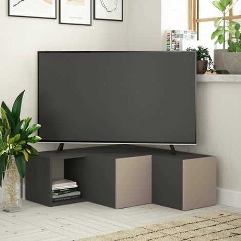 Dmora - Mueble de televisión Alya, Aparador de salón, Mueble bajo para TV, Base de pared equipada, 90x92h32 cm, Antracita y Beige, con embalaje reforzado (1/4)