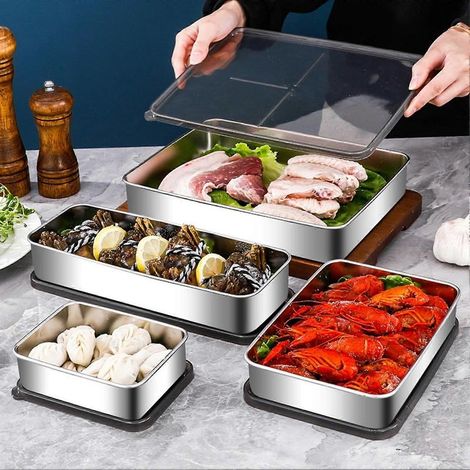 Boîte à fromage en acier inoxydable pour réfrigérateur, avec base surélevée, idéale pour ranger la charcuterie et les aliments. Couvercle inclus. (1/5)