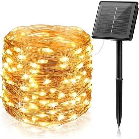 12 m Guirlande lumineuse solaire, fil flexible en cuivre, 120 LED blanc chaud, étanche IP65, pour extérieur et intérieur