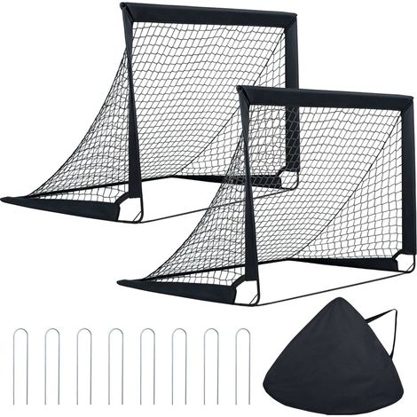 Ensemble de 2 buts de football pliables 120 x 92 cm en polyester avec sac de transport et 8 piquets, pour jardin, parc et plage (1/5)