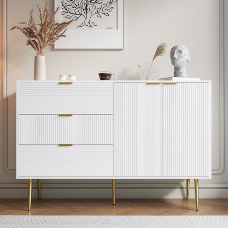 Buffet salon portes & tiroirs - Étagères intérieures - Poignées & pieds dorés - Commode élégante Blanc&Or (1/5)