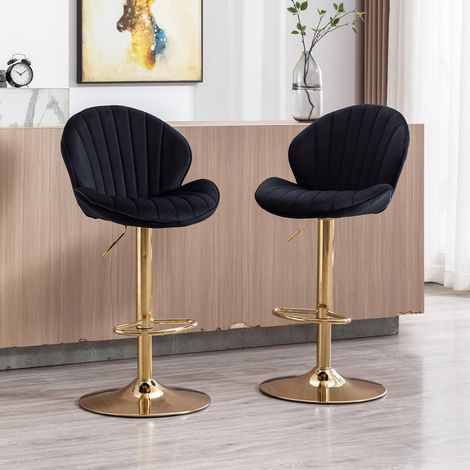 Wahson Bar Stools Set of 2 in Velvet Modern Counter Chairs Height Adjustable with Shell-Shaped Backrest for Home Bar Restaurant, Black (1/5)