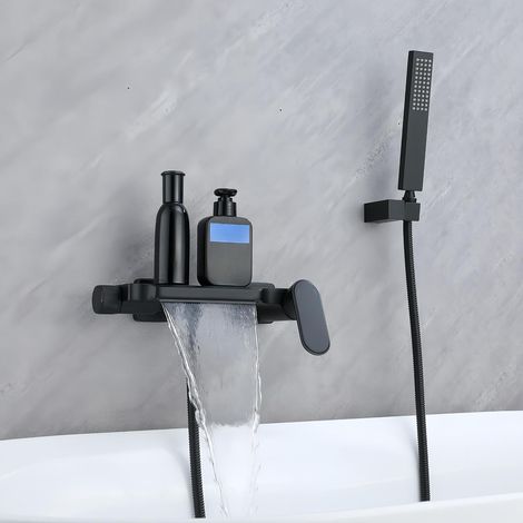 Mitigeur Baignoire Cascade avec Douchette Robinet de Baignoire en Laiton Robinet Douche Montage Mural (noir) (1/5)