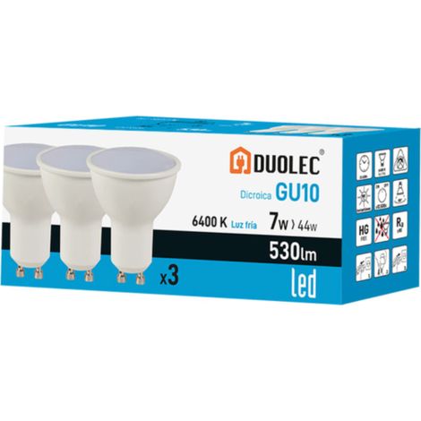Pack 3 ampoules Led dichroïques DUOLEC GU10 lumière froide 7W - talla