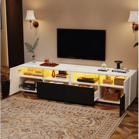 Mueble TV LED 180 x 38,5 x 45 cm, 2 cajones, 2 armarios, blanco y negro DESVIAE (1/5)