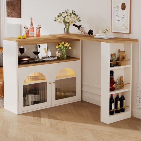 Bistrotisch 138-193x39x105 cm Weiß aus MDF mit LED-Lichtleiste, drehbar und mit Stauraum (1/5)
