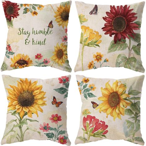 Housse de coussin décorative à motif floral en lin, lot de 4 pour salon et chambre, style frais - 45x45 cm (remplissage non inclus)