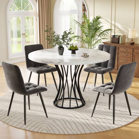 Ensemble repas rond 80cm avec 4 chaises velours gris, table effet marbre blanc, pieds noirs (1/5)