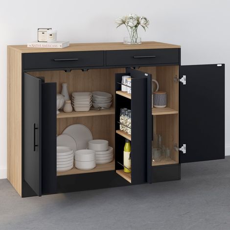 Cómoda baja de cocina ALTO 110 cm con armarios efecto haya y negro
