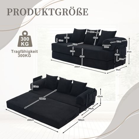 Canapé pliable compressible, structure en métal résistant, 3 coussins + poches latérales. Lounge paysager personnalisable. Combinaison moderne tissu-métal - parfait pour salon. Noir (1/4)