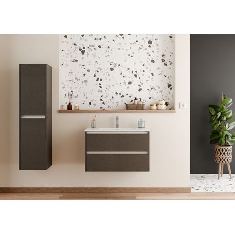 Sanitaire – Meuble double vasque 80 cm tissé gris – 2 tiroirs avec rails coulissants – Plan vasque céramique blanc brillant – Mélaminé aspect lin (1/5)