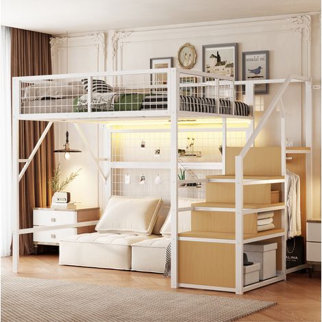 DESVIAE Lit mezzanine 140 x 200 cm avec escalier de rangement armoire ouverte LED contrôlée par application métal blanc (1/4)